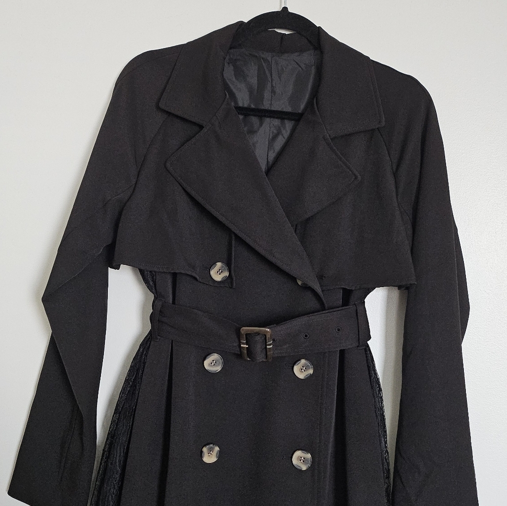 Resexxy Gyaru Black Trench Coat Pleated Lace Panel Sides Tortoise Shell Buttons - Picture 5 of 14